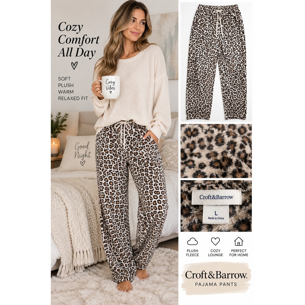 Womens L Leopard Print Fleece Pajama Pants Croft Barrow Plush Lounge